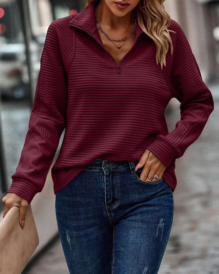 Damer avslappnad sweatshirtjacka med uppdragen krage och strukturmönster Eva Jonsson-Eva Jonsson