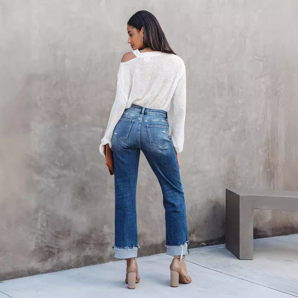 Damer avslappnade Flared Jeans med trendiga fransar och hög midja Eva Jonsson-Eva Jonsson