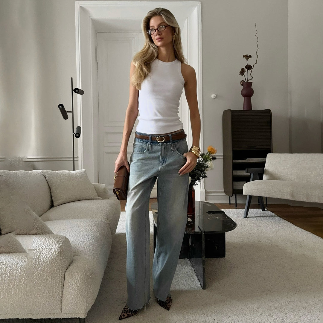 Damer avslappnade hög midja jeans med breda ben och unik tvätt Mirla-Eva Jonsson