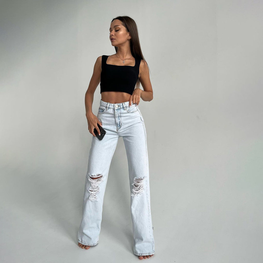 Damer avslappnade högmidjade jeans med fransiga detaljer Mirla-Eva Jonsson