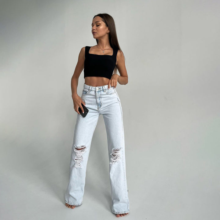 Damer avslappnade högmidjade jeans med fransiga detaljer Mirla-Eva Jonsson