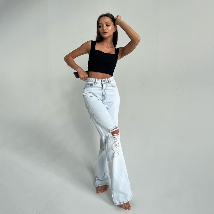 Damer avslappnade högmidjade jeans med fransiga detaljer Mirla-Eva Jonsson