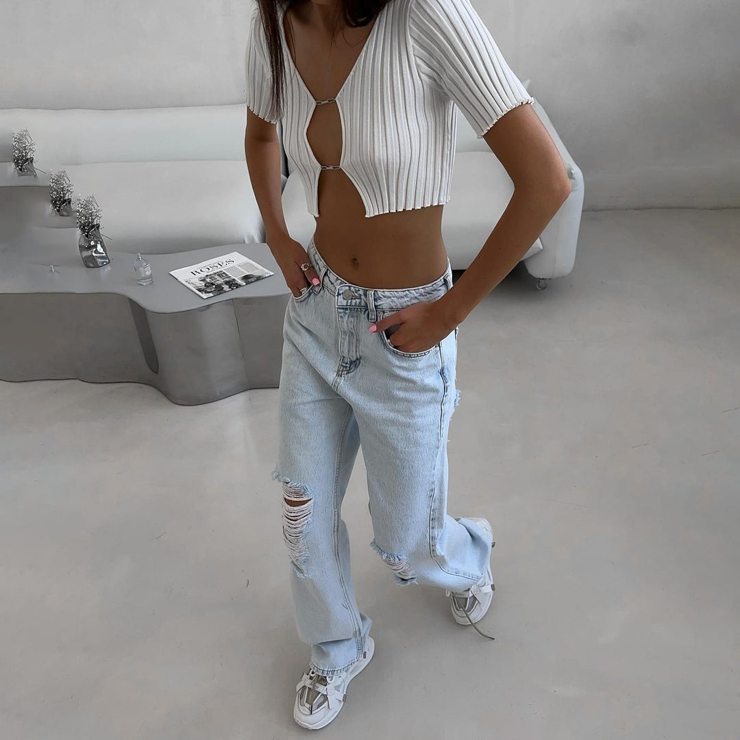 Damer avslappnade högmidjade jeans med fransiga detaljer Mirla-Eva Jonsson