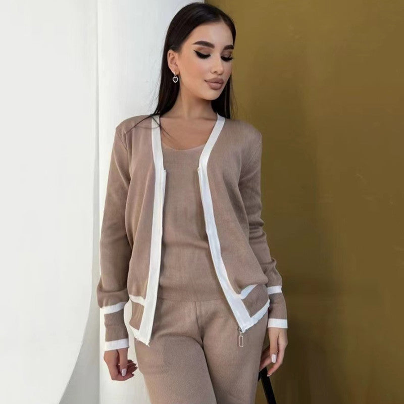 Damer avslappnat stickat loungewear-set med högkvalitativ zip-kardigan och vida byxor Mirla-Eva Jonsson