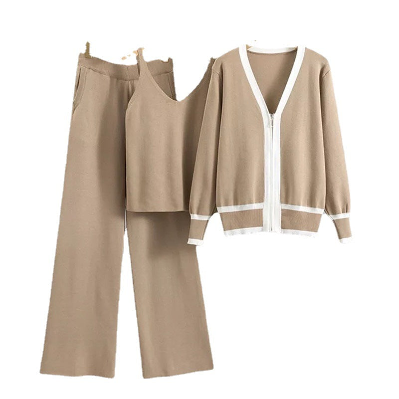 Damer avslappnat stickat loungewear-set med högkvalitativ zip-kardigan och vida byxor Mirla-Eva Jonsson