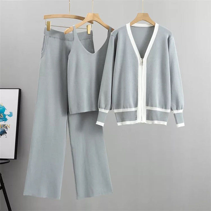 Damer avslappnat stickat loungewear-set med högkvalitativ zip-kardigan och vida byxor Mirla-Eva Jonsson
