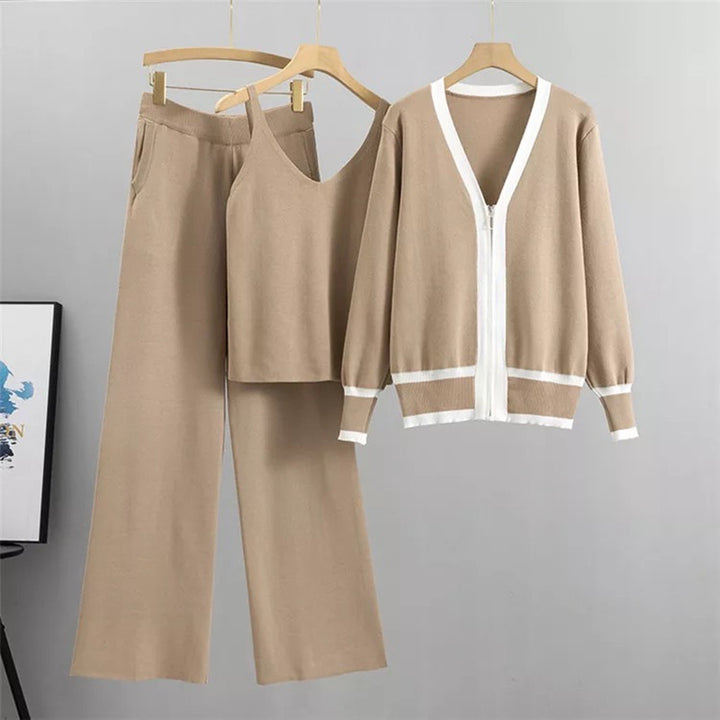 Damer avslappnat stickat loungewear-set med högkvalitativ zip-kardigan och vida byxor Mirla-Eva Jonsson