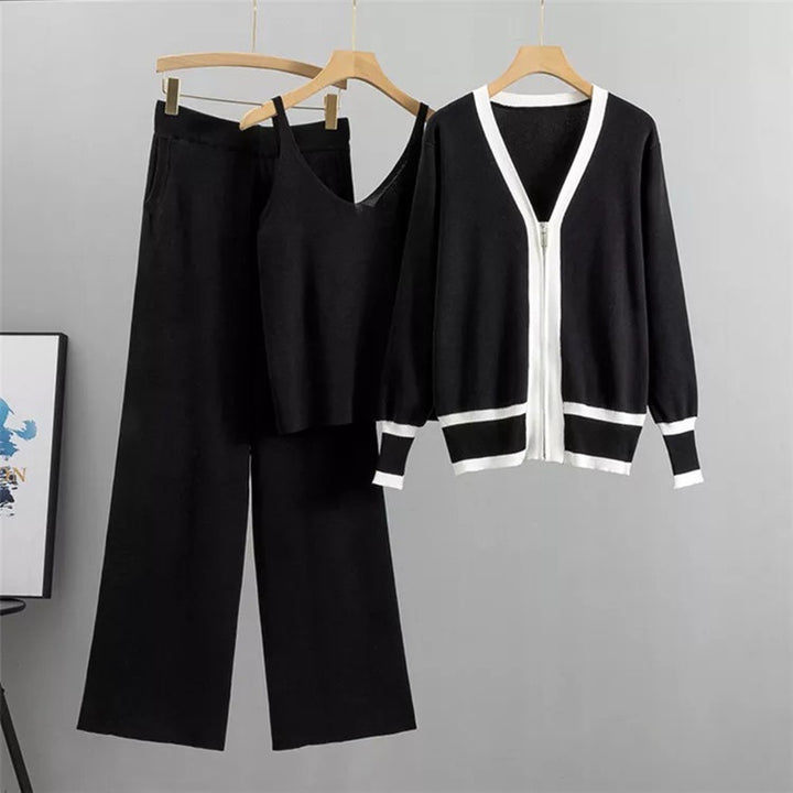 Damer avslappnat stickat loungewear-set med högkvalitativ zip-kardigan och vida byxor Mirla-Eva Jonsson