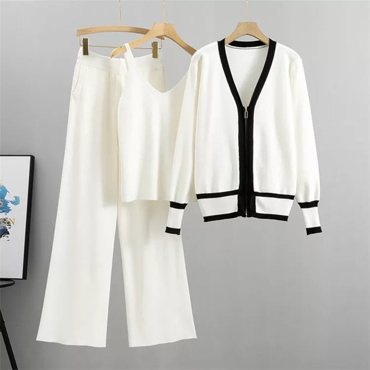 Damer avslappnat stickat loungewear-set med högkvalitativ zip-kardigan och vida byxor Mirla-Eva Jonsson