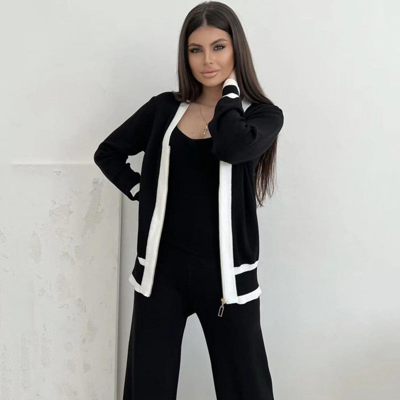 Damer avslappnat stickat loungewear-set med högkvalitativ zip-kardigan och vida byxor Mirla-Eva Jonsson
