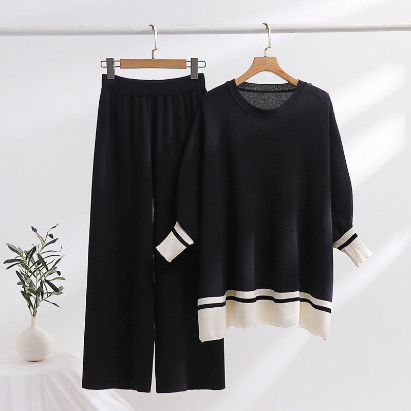 Damer avslappnat stickat loungewear-set med trendig kontrastkant och lös passform Mirla-Eva Jonsson