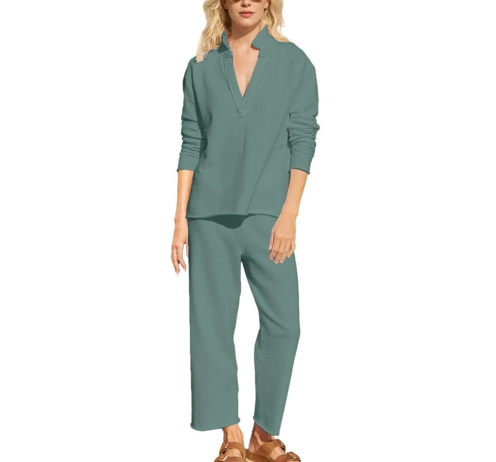 Damer avslappnat sweatpants-set med djup u-ringning Mirla-Eva Jonsson