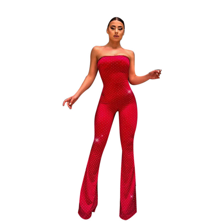 Damer axelbar jumpsuit med eleganta paljetter och skosöljor Mirla-Eva Jonsson