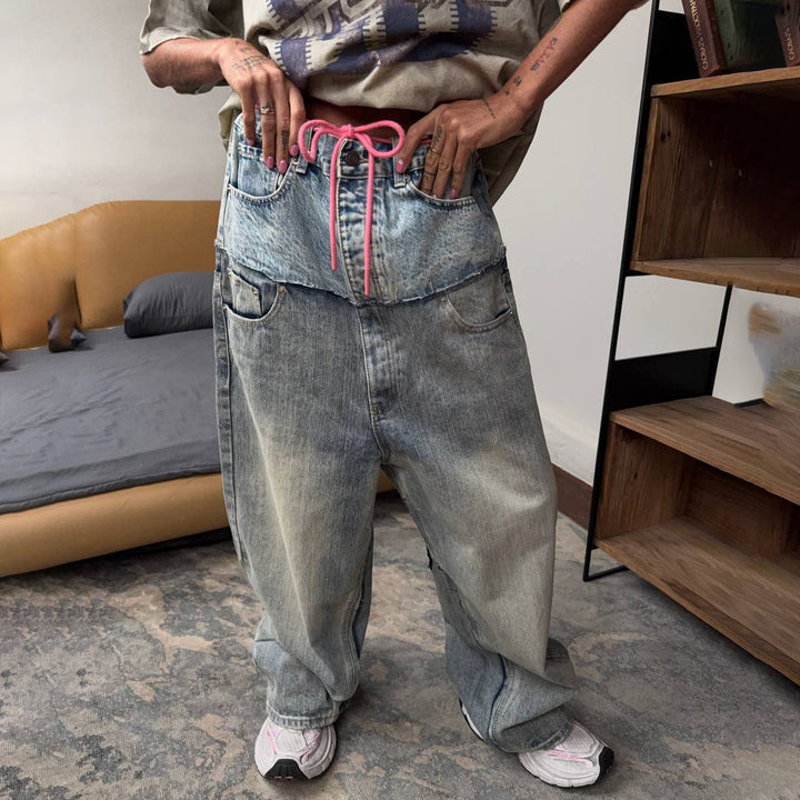 Damer baggy denim-jeans med kontrasterande snörning Mirla-Eva Jonsson
