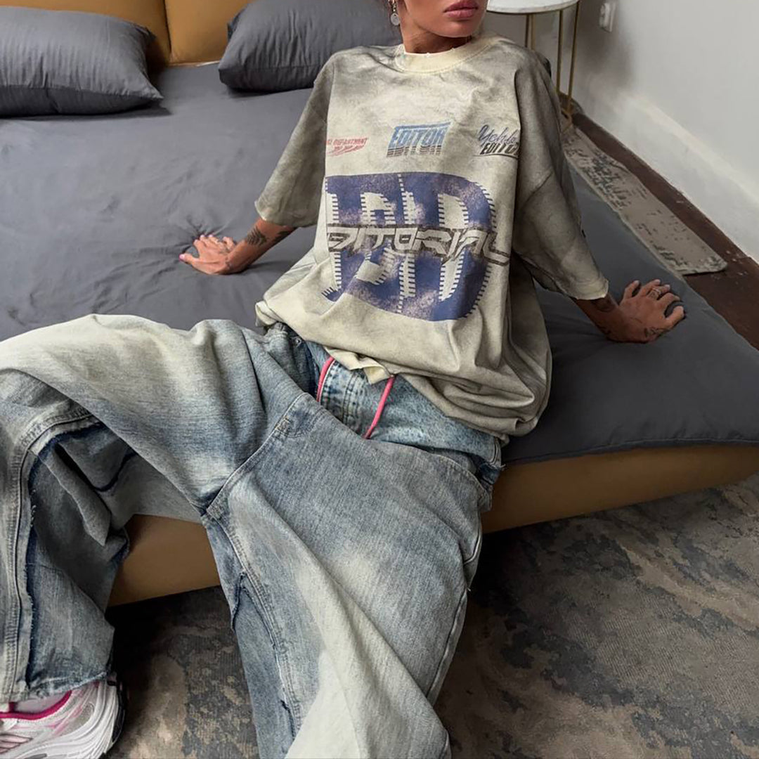 Damer baggy denim-jeans med kontrasterande snörning Mirla-Eva Jonsson