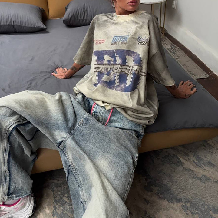 Damer baggy denim-jeans med kontrasterande snörning Mirla-Eva Jonsson