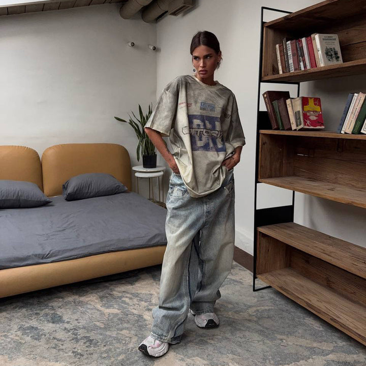 Damer baggy denim-jeans med kontrasterande snörning Mirla-Eva Jonsson