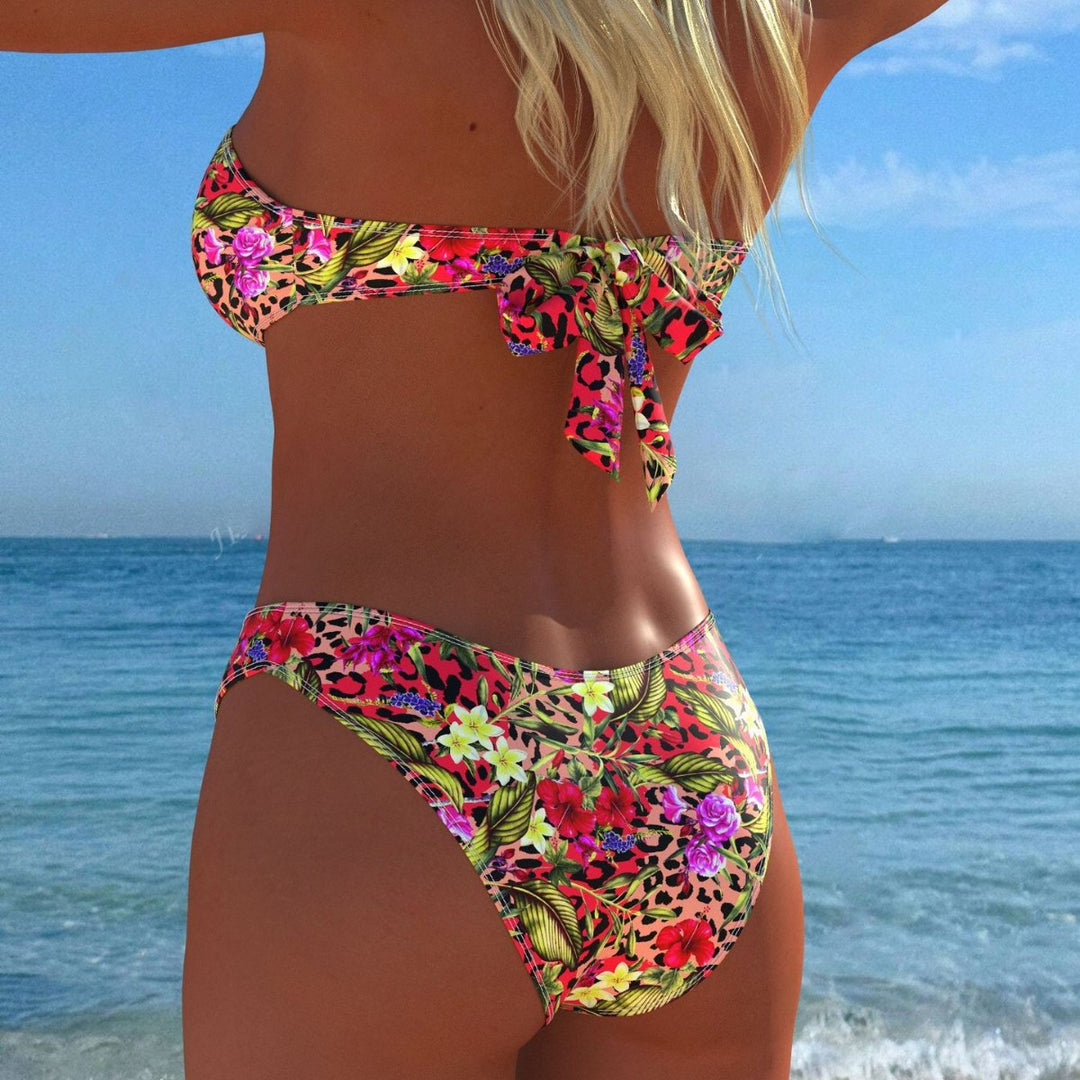Damer bandeau-bikini med blommönster och hög skärning-Eva Jonsson