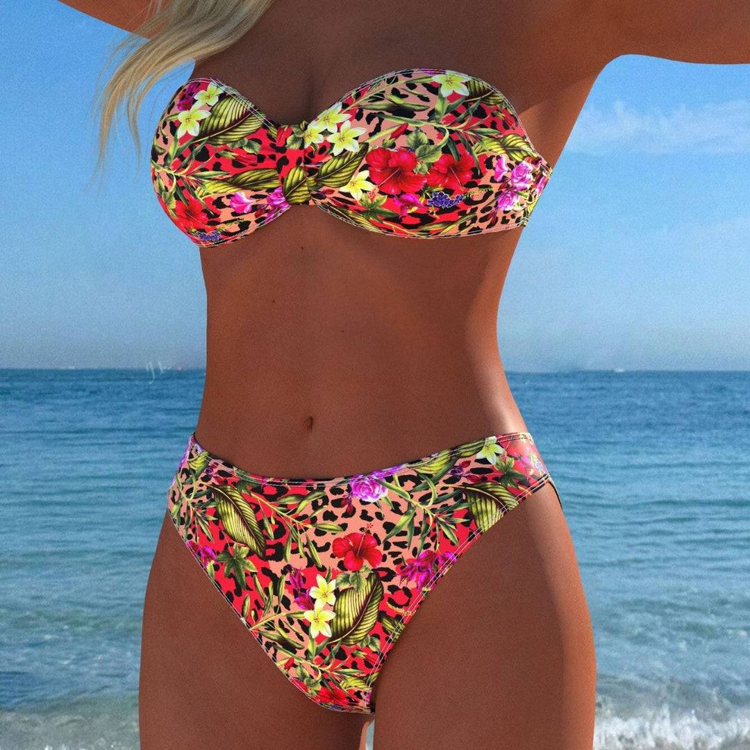 Damer bandeau-bikini med blommönster och hög skärning-Eva Jonsson