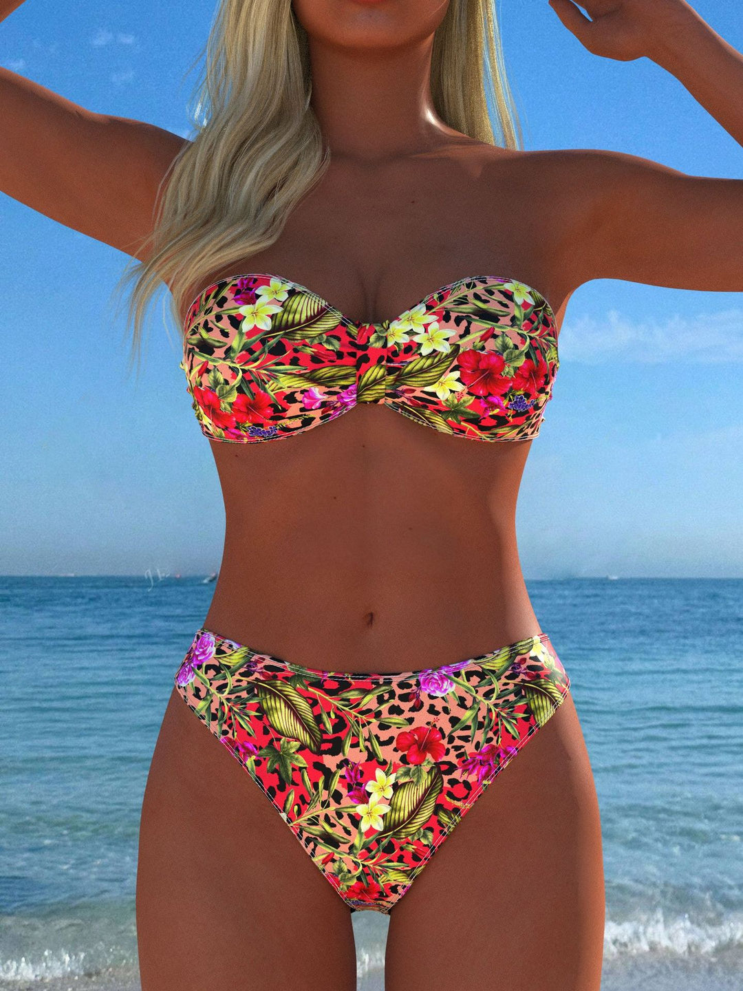 Damer bandeau-bikini med blommönster och hög skärning-Eva Jonsson