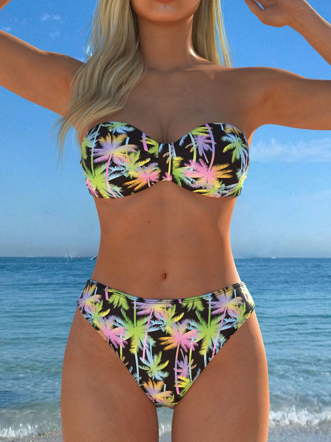Damer bandeau-bikini med färgglad palmmönster och hög midjepassform Mirla-Eva Jonsson