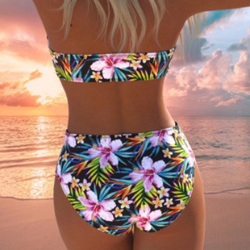 Damer bandeau-bikini-set med högskurna trosor och tropiskt blommönster Mirla-Eva Jonsson