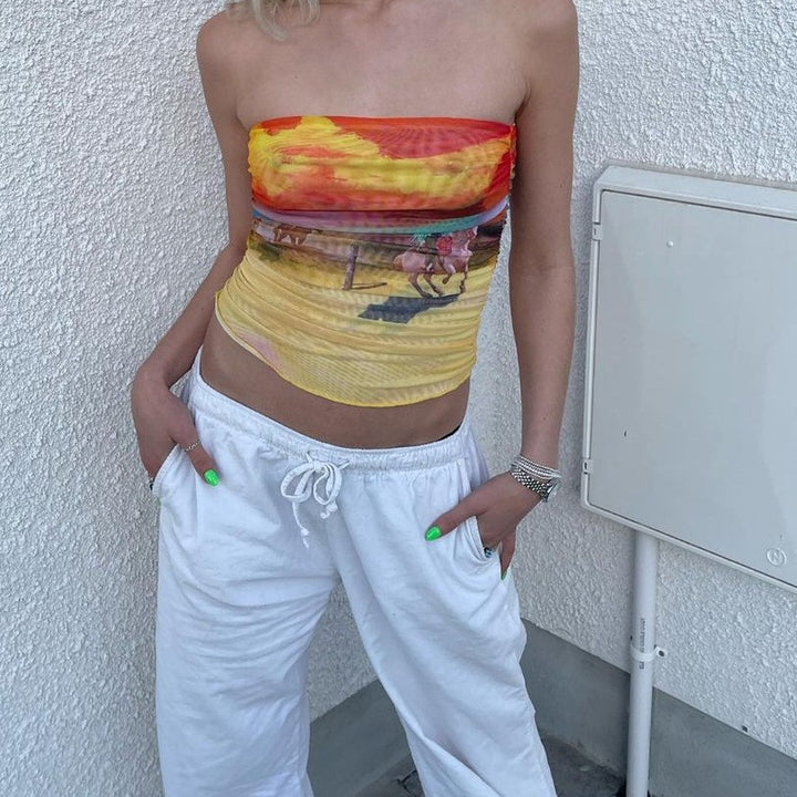 Damer bandeau-top med färggtryckt, konstnärligt tryck och elastiskt material Mirla-Eva Jonsson