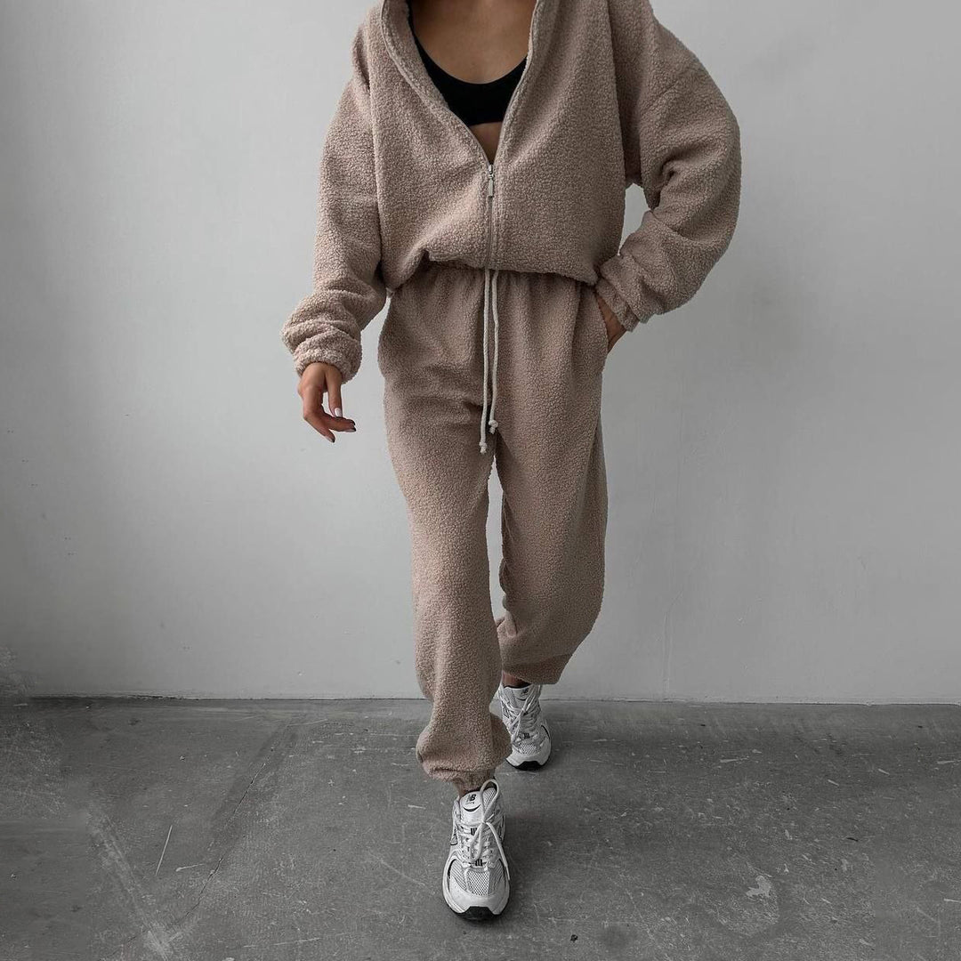 Damer bekväm fleece-hoodie med elastiska mudd och matchande joggingbyxor Mirla-Eva Jonsson