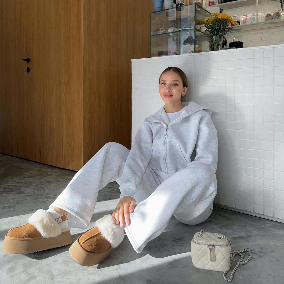 Damer bekväm fleece-joggingdräkt med huva och sidofickor Eva Jonsson-Eva Jonsson