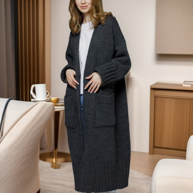 Damer bekväm lång stickad cardigan med fickor och breda ärmar Mirla-Eva Jonsson