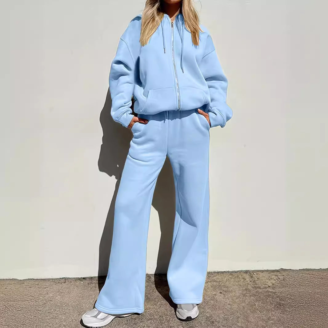 Damer bekväm och stilfull loungewear-dräkt med zipbar hoodie och vida ben Mirla-Eva Jonsson