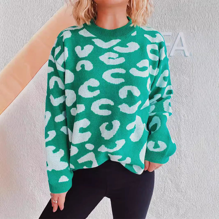 Damer bekväm oversized sweatshirt med modernt leopardmönster och rund halsringning Mirla-Eva Jonsson