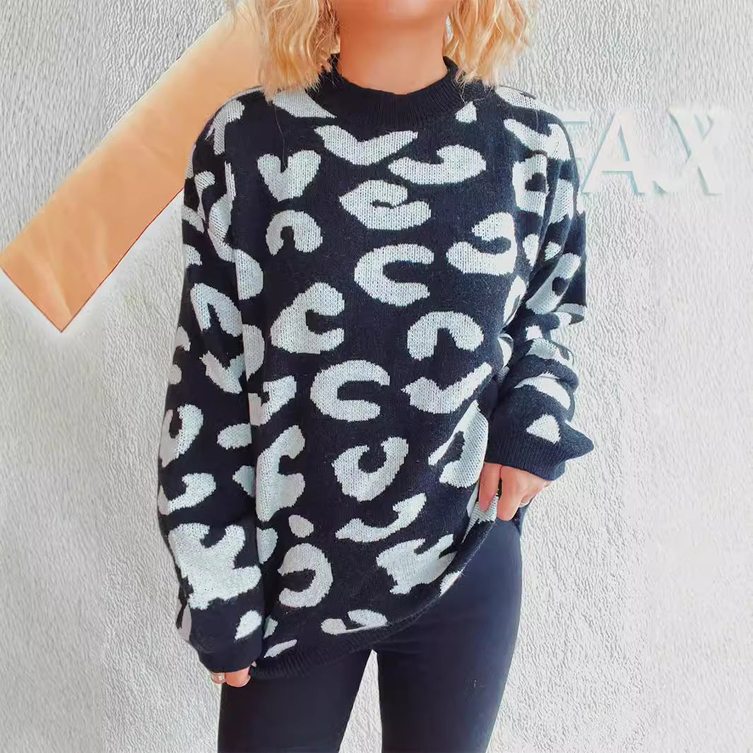 Damer bekväm oversized sweatshirt med modernt leopardmönster och rund halsringning Mirla-Eva Jonsson
