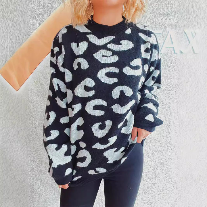 Damer bekväm oversized sweatshirt med modernt leopardmönster och rund halsringning Mirla-Eva Jonsson