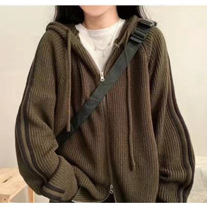 Damer bekväm ribbad stickad hoodie-jacka Eva Jonsson-Eva Jonsson
