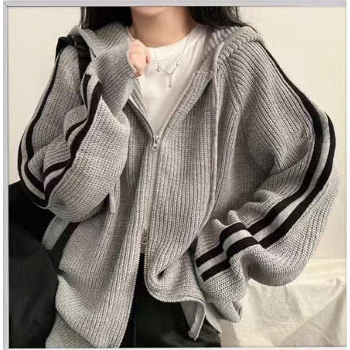 Damer bekväm ribbad stickad hoodie-jacka Eva Jonsson-Eva Jonsson