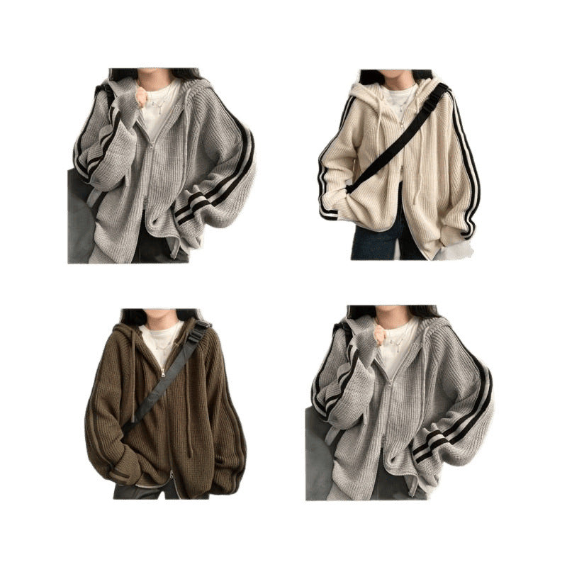 Damer bekväm ribbad stickad hoodie-jacka Eva Jonsson-Eva Jonsson