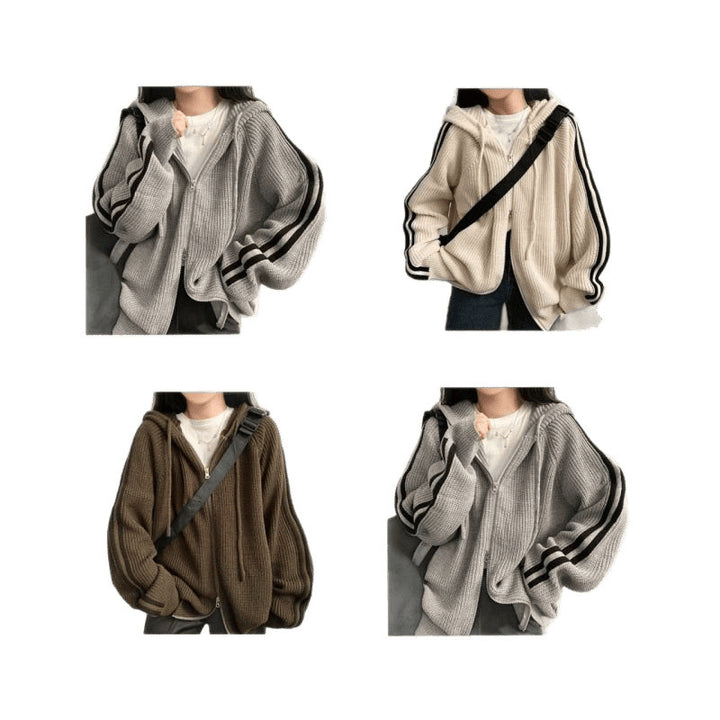 Damer bekväm ribbad stickad hoodie-jacka Eva Jonsson-Eva Jonsson
