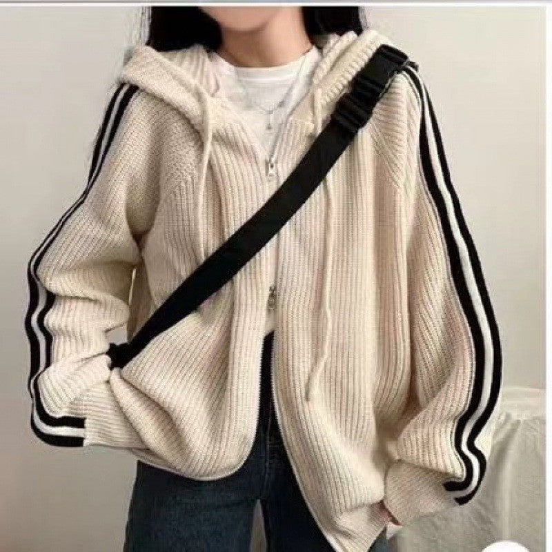 Damer bekväm ribbad stickad hoodie-jacka Eva Jonsson-Eva Jonsson
