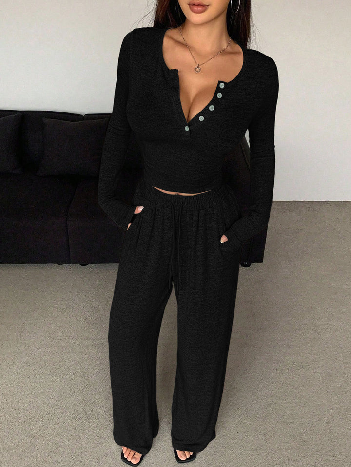 Damer bekväm ribbstickad loungewear med knappslå Mirla-Eva Jonsson
