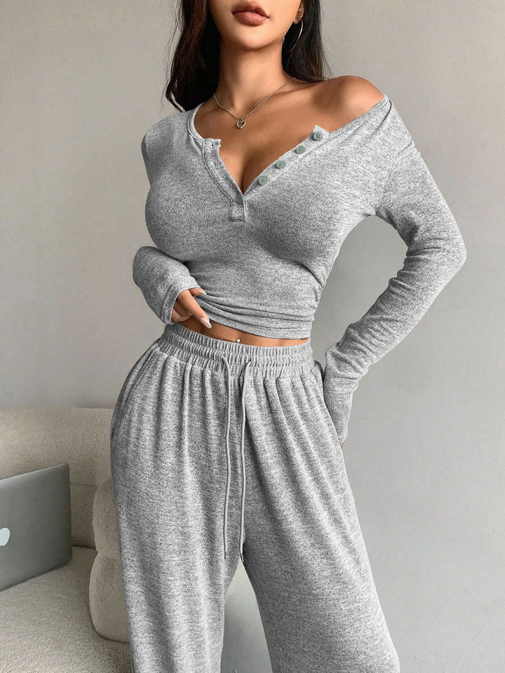 Damer bekväm ribbstickad loungewear med knappslå Mirla-Eva Jonsson