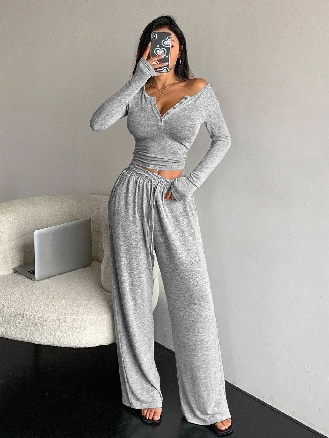 Damer bekväm ribbstickad loungewear med knappslå Mirla-Eva Jonsson