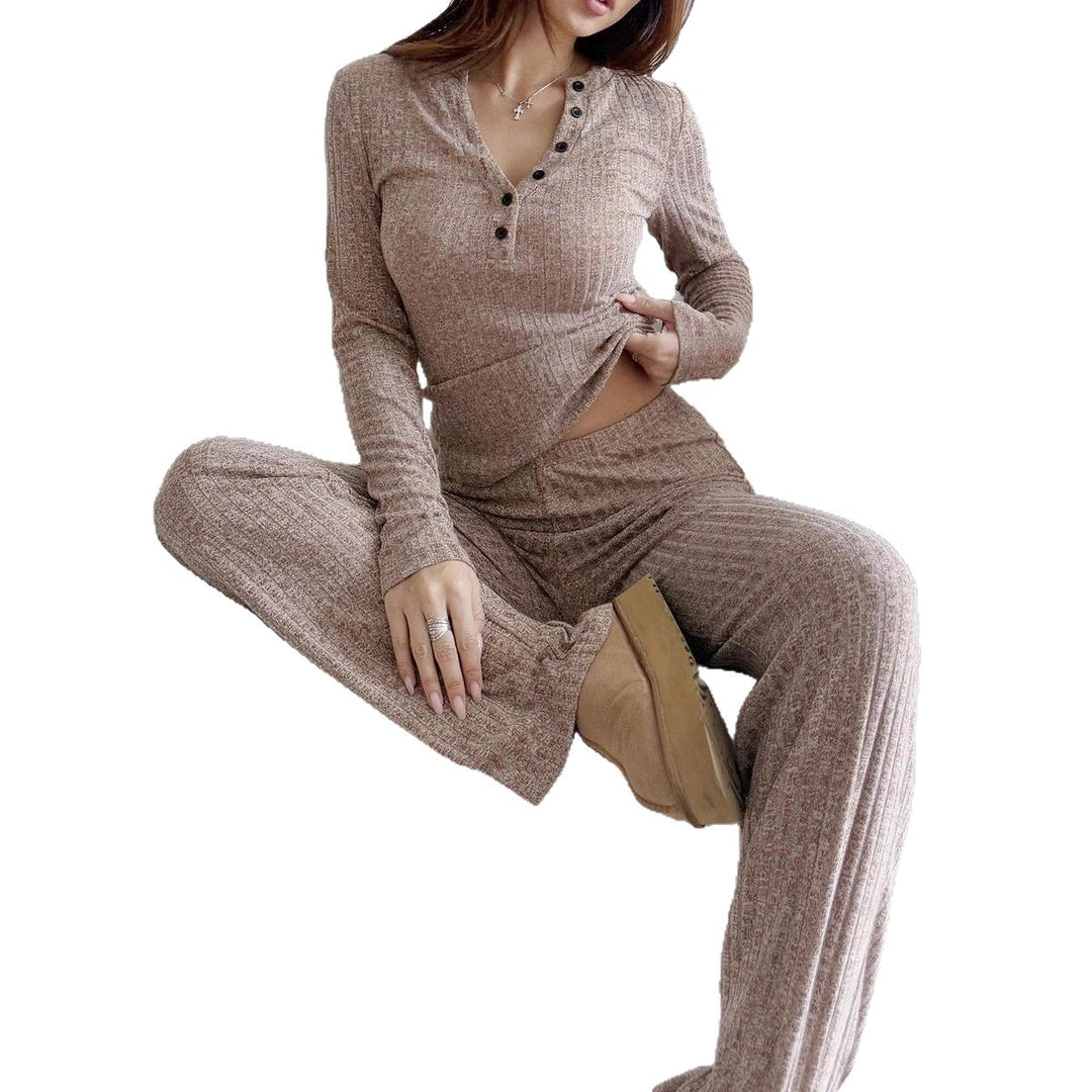 Damer bekväm ribbstickad loungewear med knappslå Mirla-Eva Jonsson