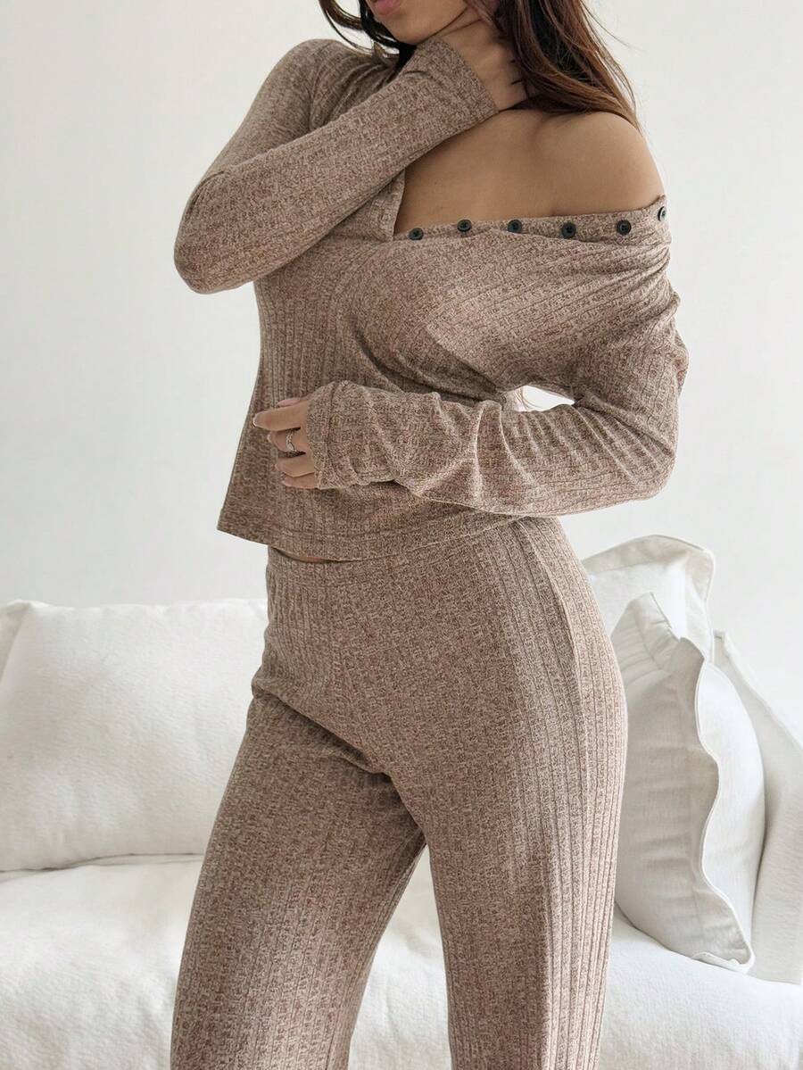 Damer bekväm ribbstickad loungewear med knappslå Mirla-Eva Jonsson