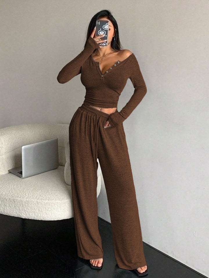 Damer bekväm ribbstickad loungewear med knappslå Mirla-Eva Jonsson