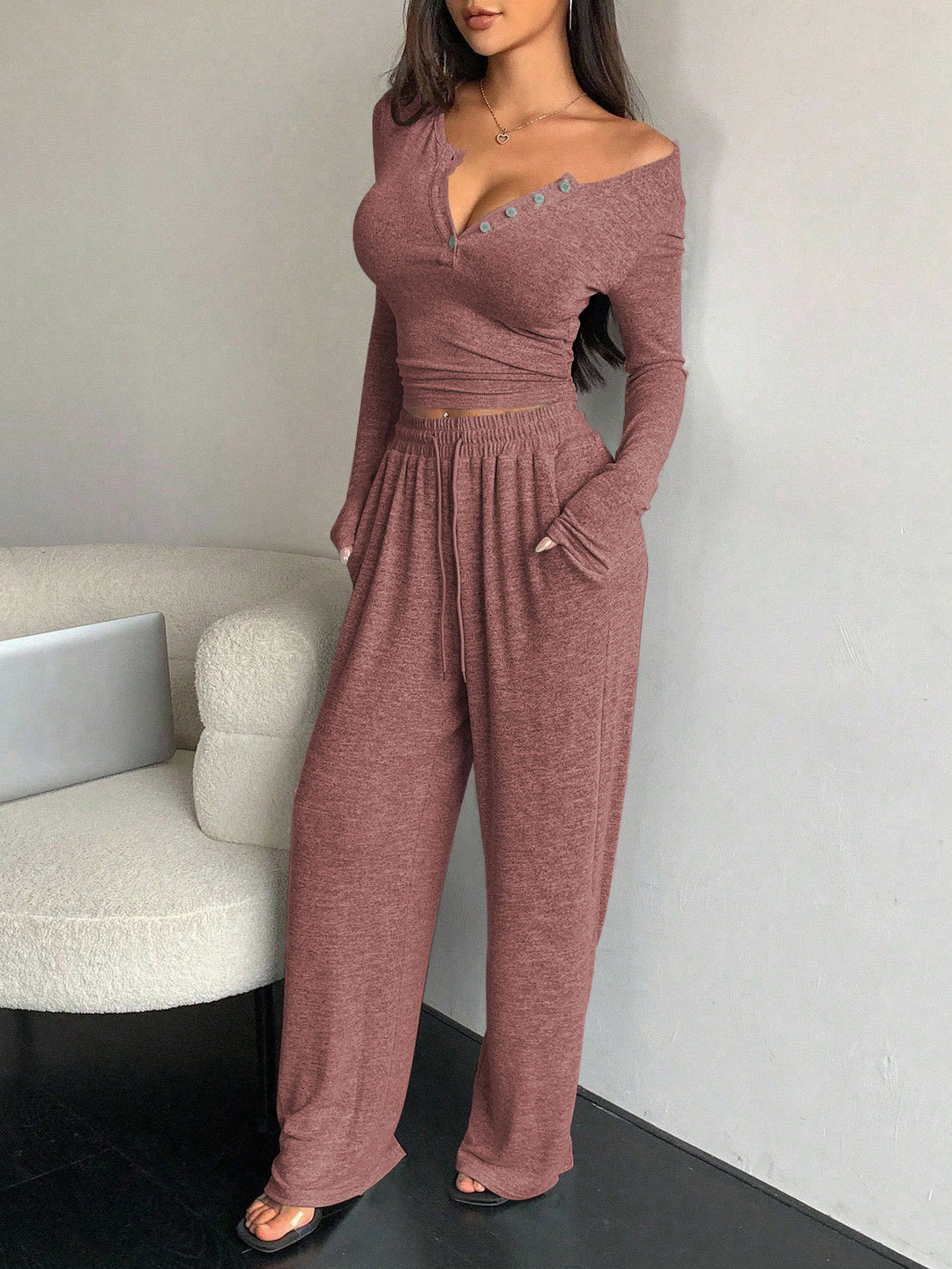 Damer bekväm ribbstickad loungewear med knappslå Mirla-Eva Jonsson