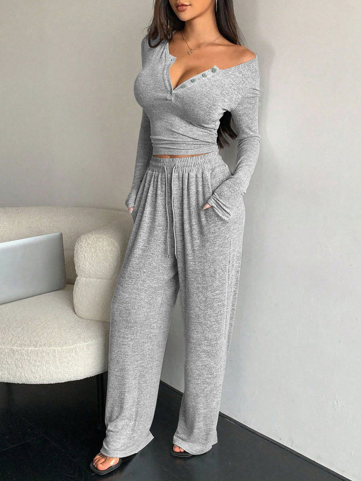 Damer bekväm ribbstickad loungewear med knappslå Mirla-Eva Jonsson