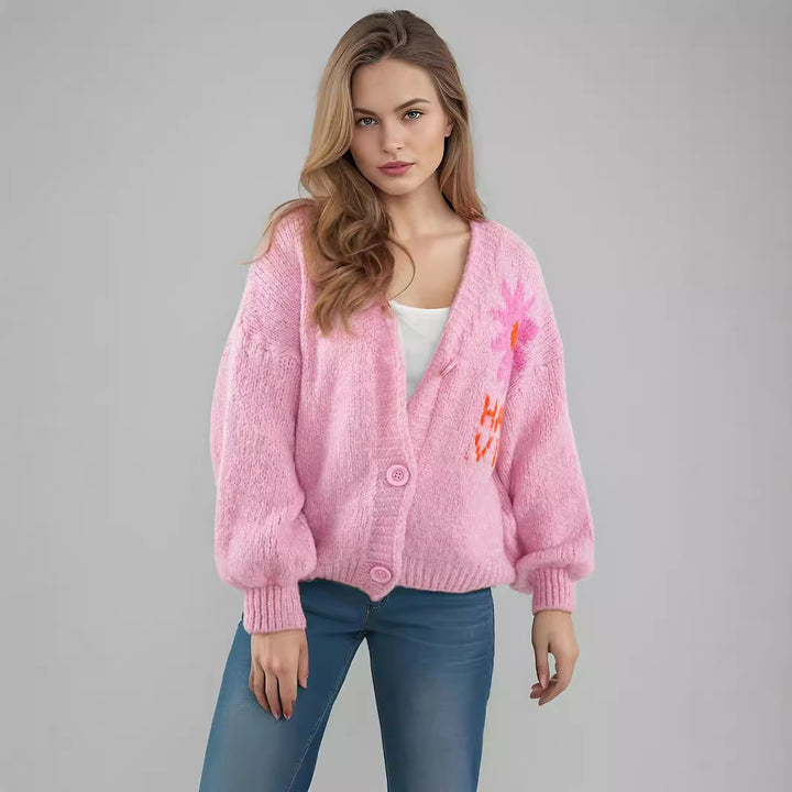 Damer bekväm stickad cardigan med blommig design och moderna knapppdetaljer Mirla-Eva Jonsson