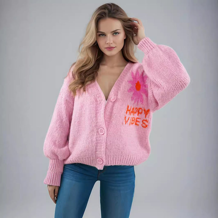Damer bekväm stickad cardigan med blommig design och moderna knapppdetaljer Mirla-Eva Jonsson