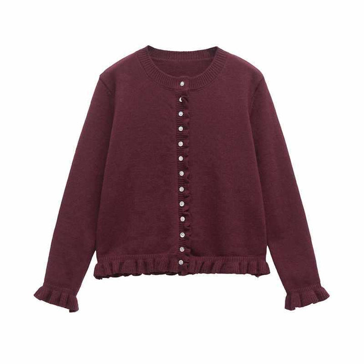 Damer bekväm stickad cardigan med dekorativa knappar och trendig volangdesign Mirla-Eva Jonsson